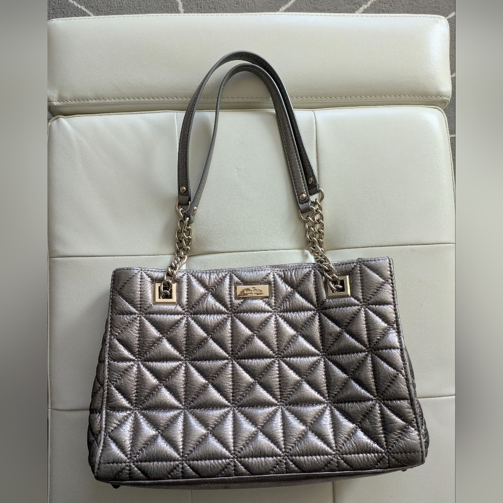 Kate Spade Leather Quilted" Sedgewick" Metallic Silver/ Pewter Bag